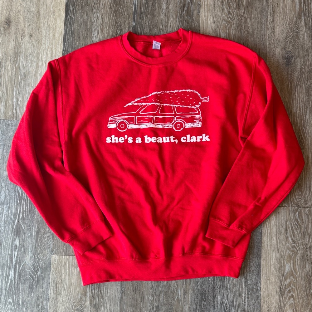 Gildan Red Sweatshirt with White Car & Canoe Graphic
